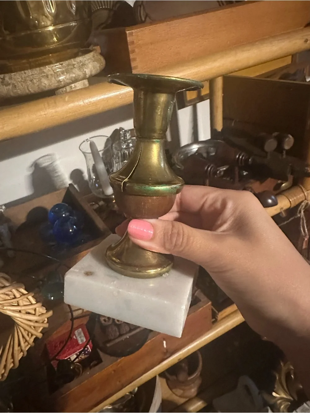 Vintage Brass and White Marble Candle Holders - Pair